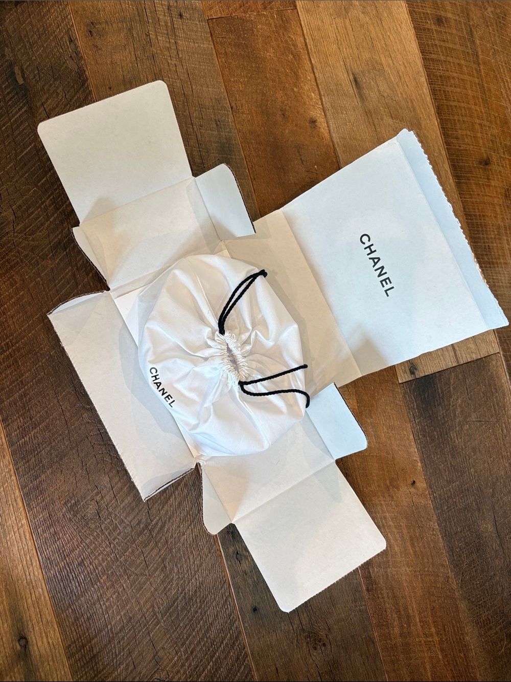 CHANEL White Drawstring Pouch with Black Cord + box and envelope